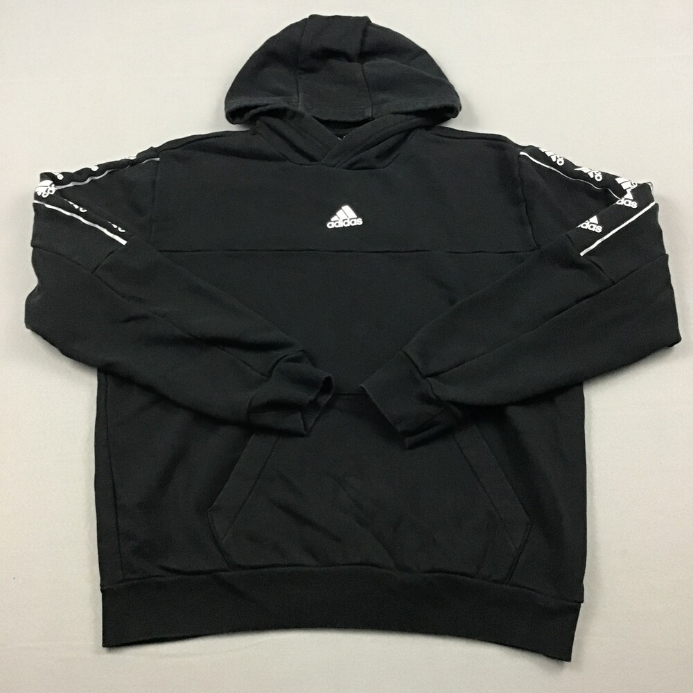 Adidas Hoodie Men Medium Black White Trefoil Logo Tape Pullover Sweatshirt M